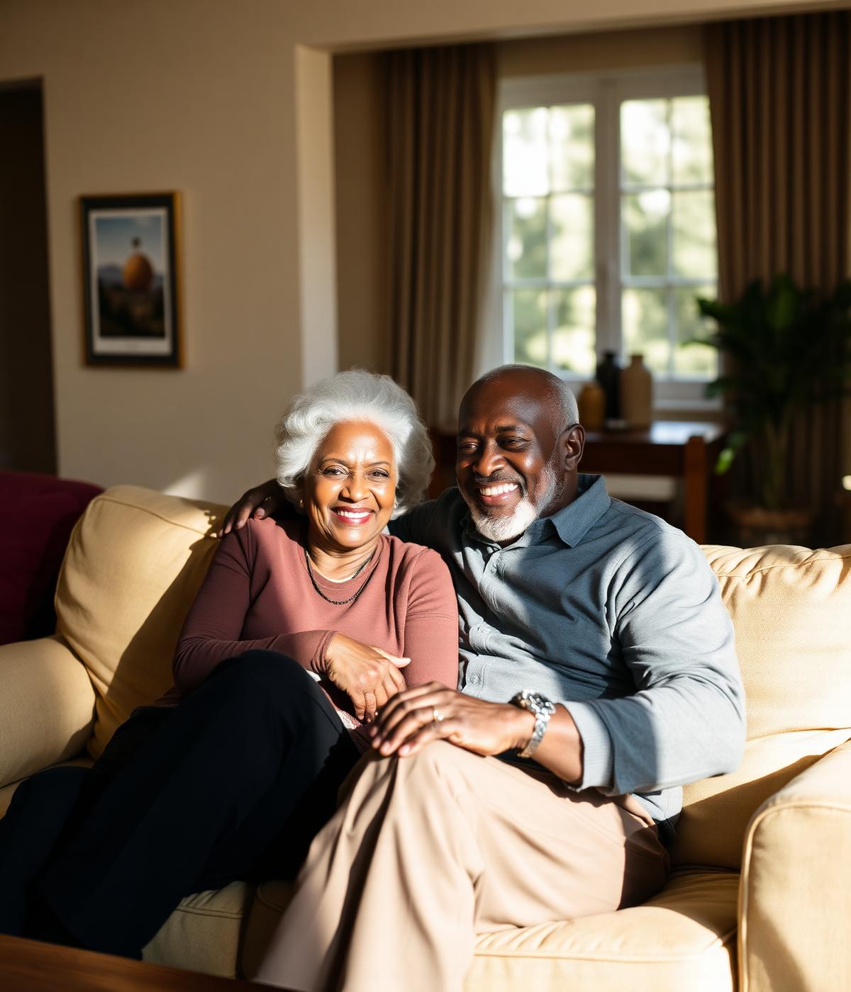 An older couple sitting together on a sofa, smiling and holding hands