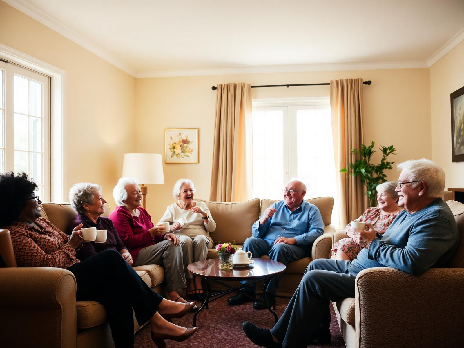 Seniors enjoying conversation and coffee in a warm, sunlit living room