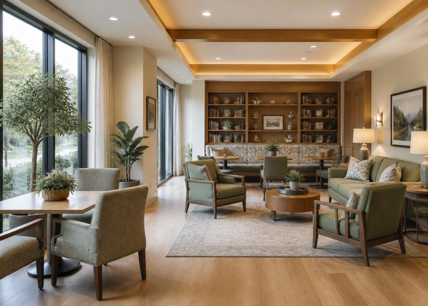 Communal lounge with sage-toned seating, natural wood, and large windows